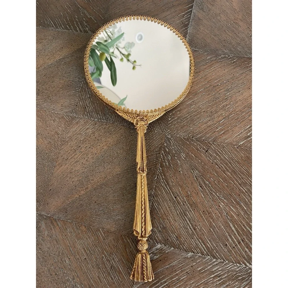 Vtg Matson Stylebuilt Hand Held Mirror Gold Tone Rose and Rope Tassel Design